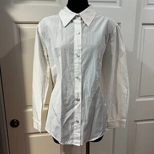 Wintersilks Women's Silk Blend Off White Button Down Long Sleeve Collared Shirt